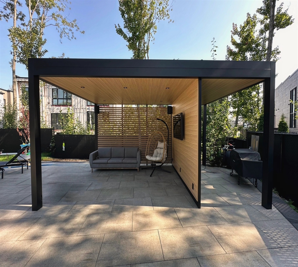 Cubrics Origin modern hard-top pavilion with fixed aluminum roof and integrated storage accessories.