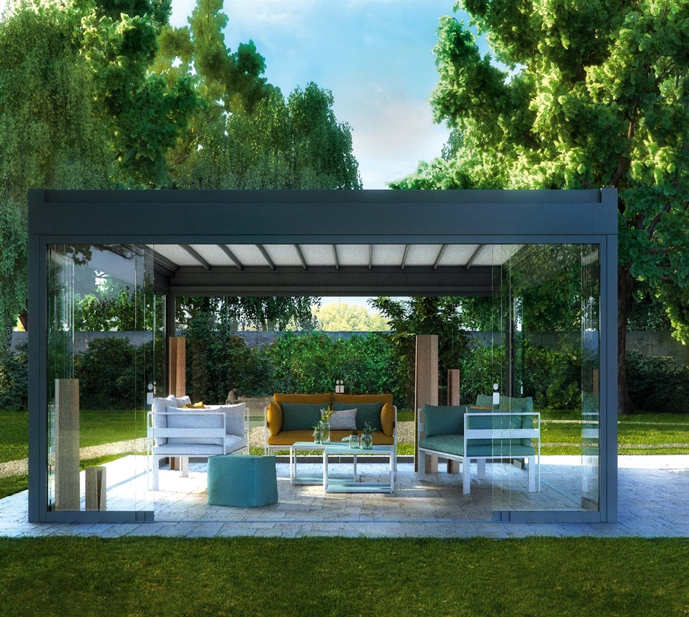 A standalone retractable pvc pergola with light fabric and a black frame in a backyard 