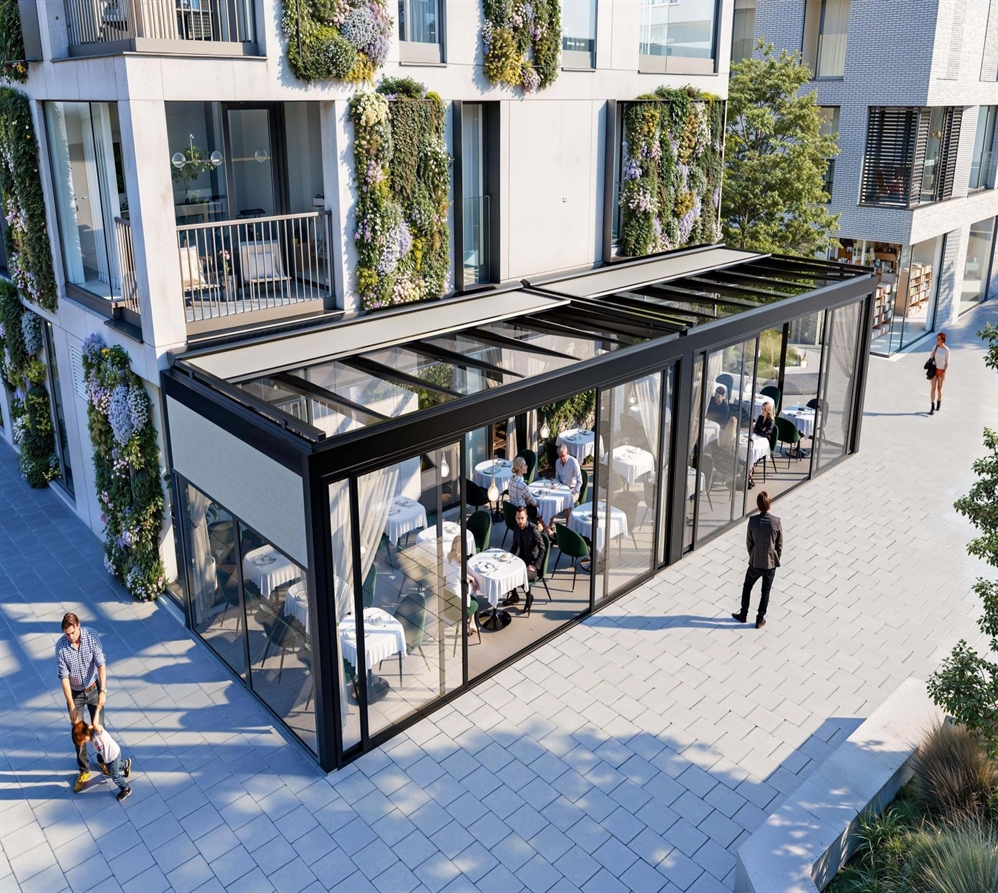 Red Dot Design Award-winning Winsol SO! Crystal glass roof pergola for a commercial patio